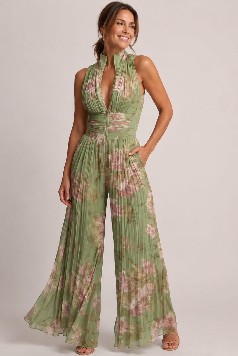Women's Halter Wide Leg Jumpsuit – Pleated Occasion Jumpsuit