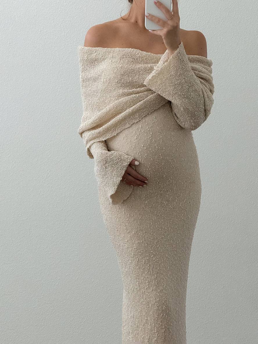 Women's Maternity Off-Shoulder Dress – Long Sleeve Baby Shower Dress