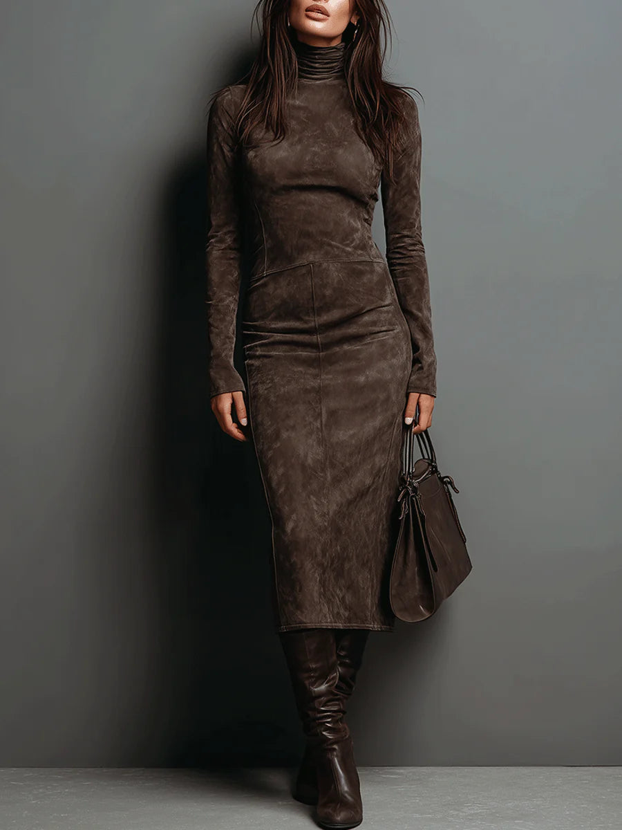Women's Suede Effect Midi Dress – Elegant High Neck Dress