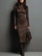 Women's Suede Effect Midi Dress – Elegant High Neck Dress