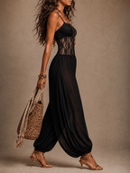 Women's Lace Halter Jumpsuit – Lace Bodice Wide Leg Evening Jumpsuit