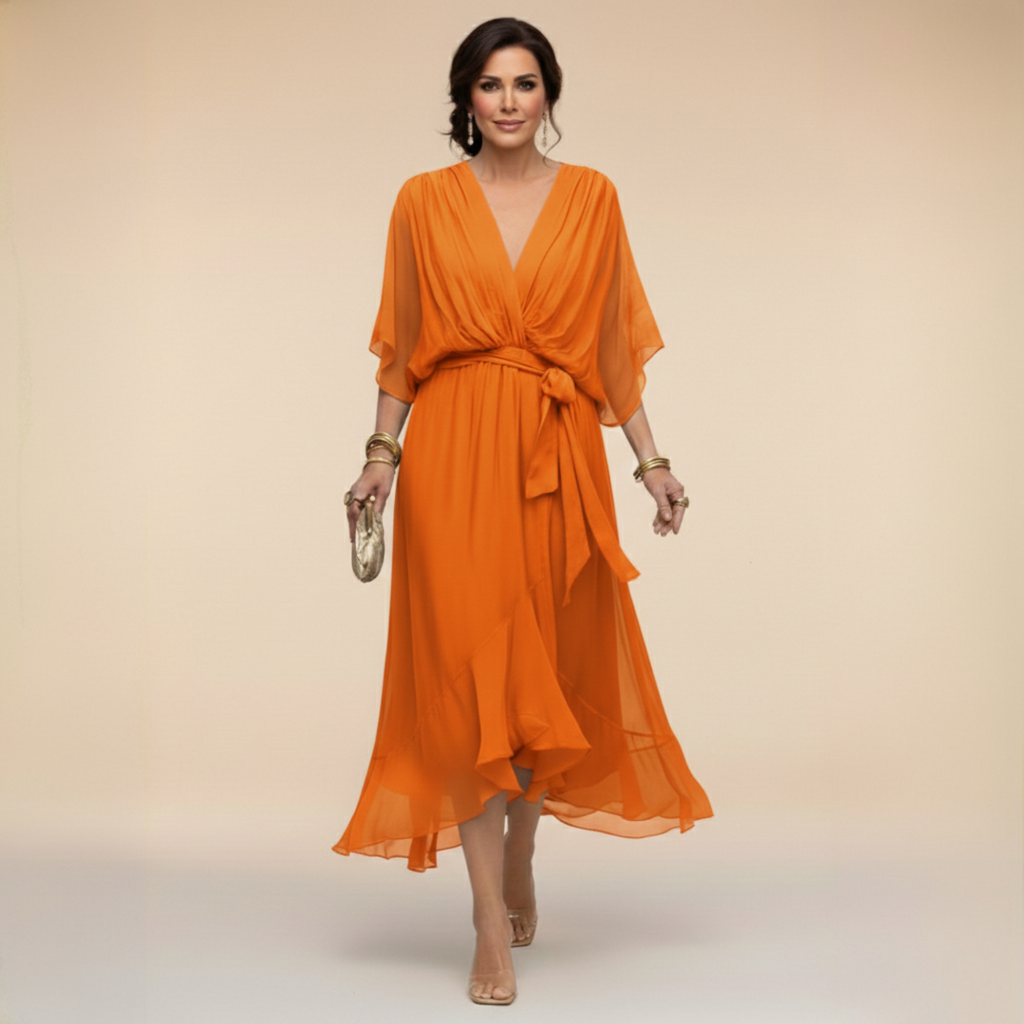 Women's V-Neck Chiffon Dress – Flowy Long Sleeve Occasion Dress
