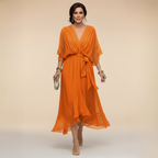 Women's V-Neck Chiffon Dress – Flowy Long Sleeve Occasion Dress