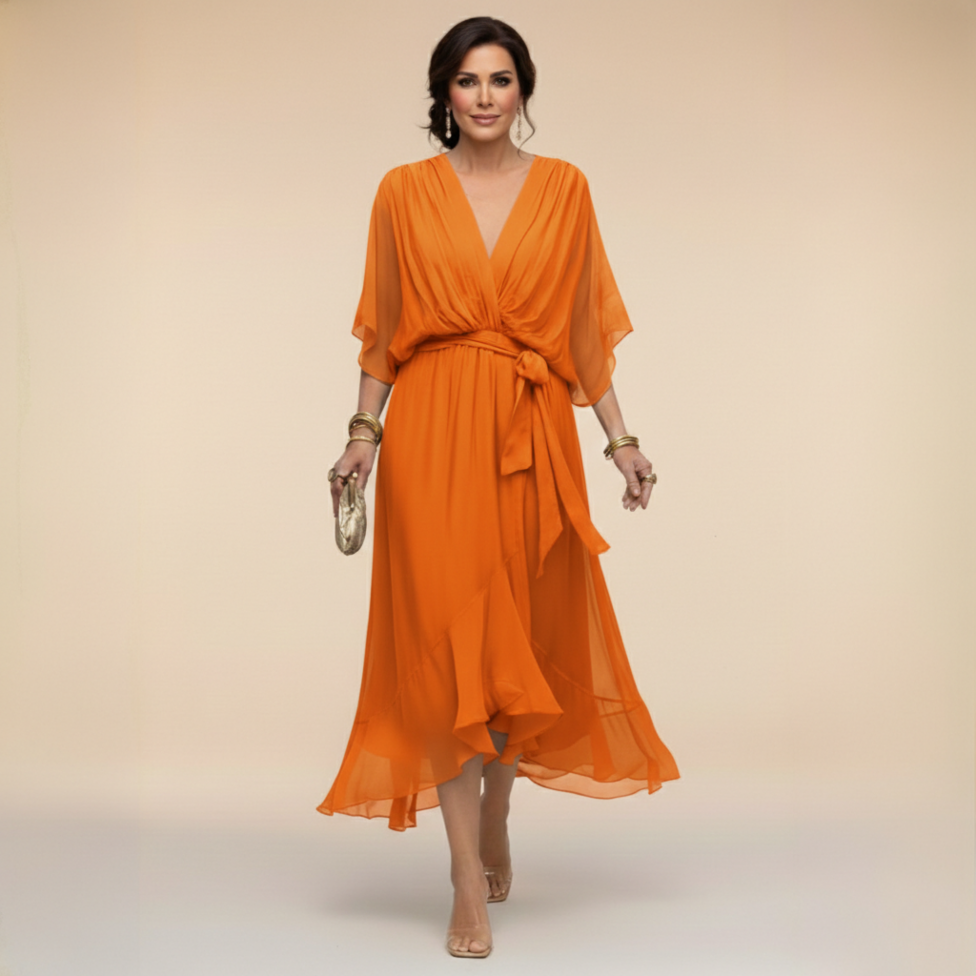 Women's V-Neck Chiffon Dress – Flowy Long Sleeve Occasion Dress