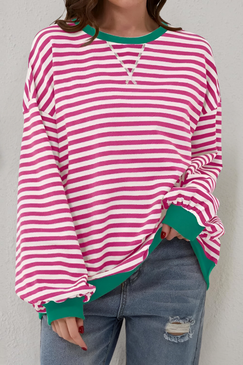 Women's Striped Sweatshirt – Crew Neck Long Sleeve Pullover