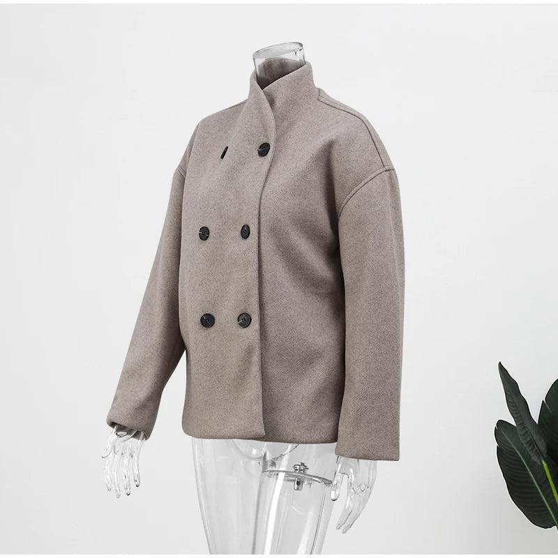 Women's Double-Breasted Winter Coat – Stand Collar Relaxed Coat