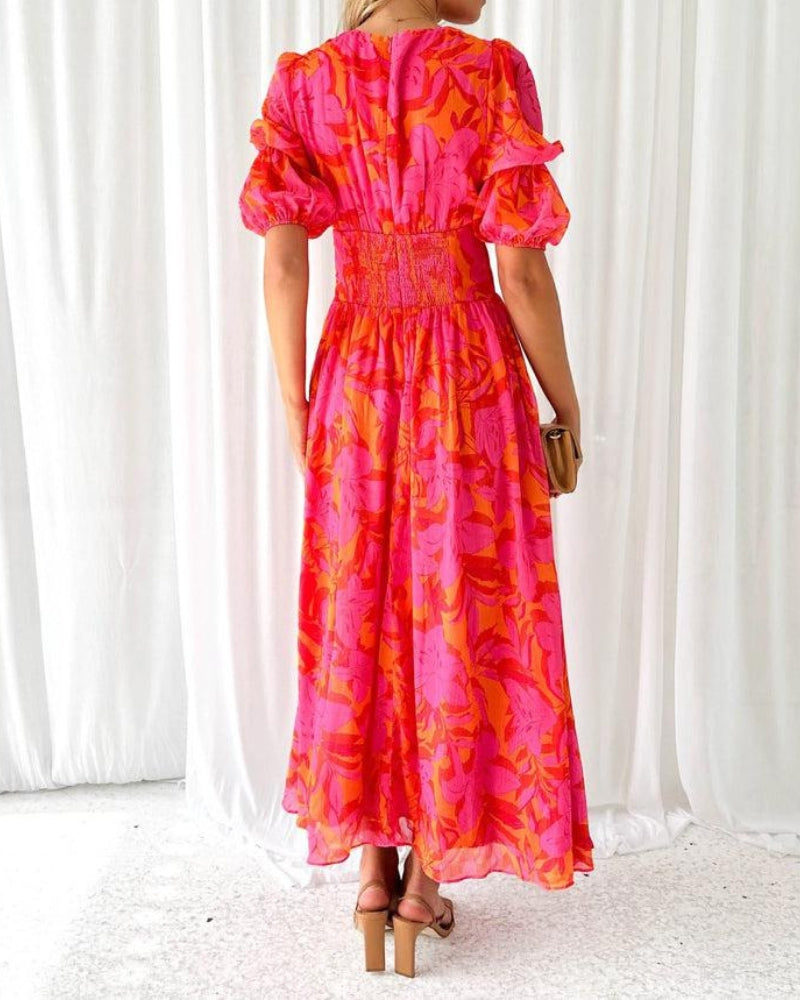 Women's Puff Sleeve Occasion Dress – V-Neck Maxi Dress