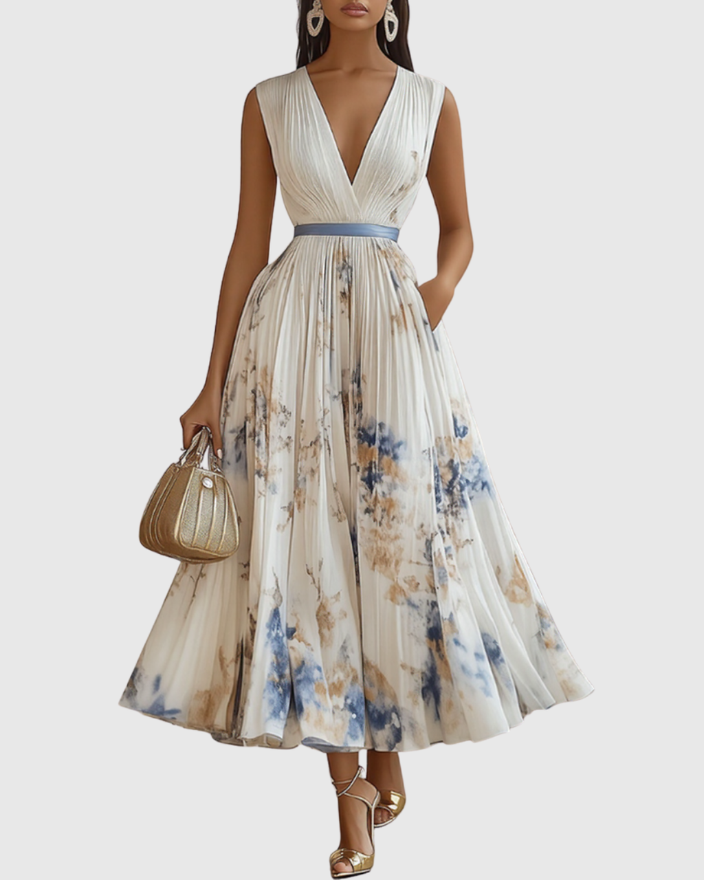Women's Wedding Guest Pleated Midi Dress – Sleeveless Floral Occasion Dress