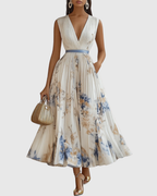 Women's Wedding Guest Pleated Midi Dress – Sleeveless Floral Occasion Dress