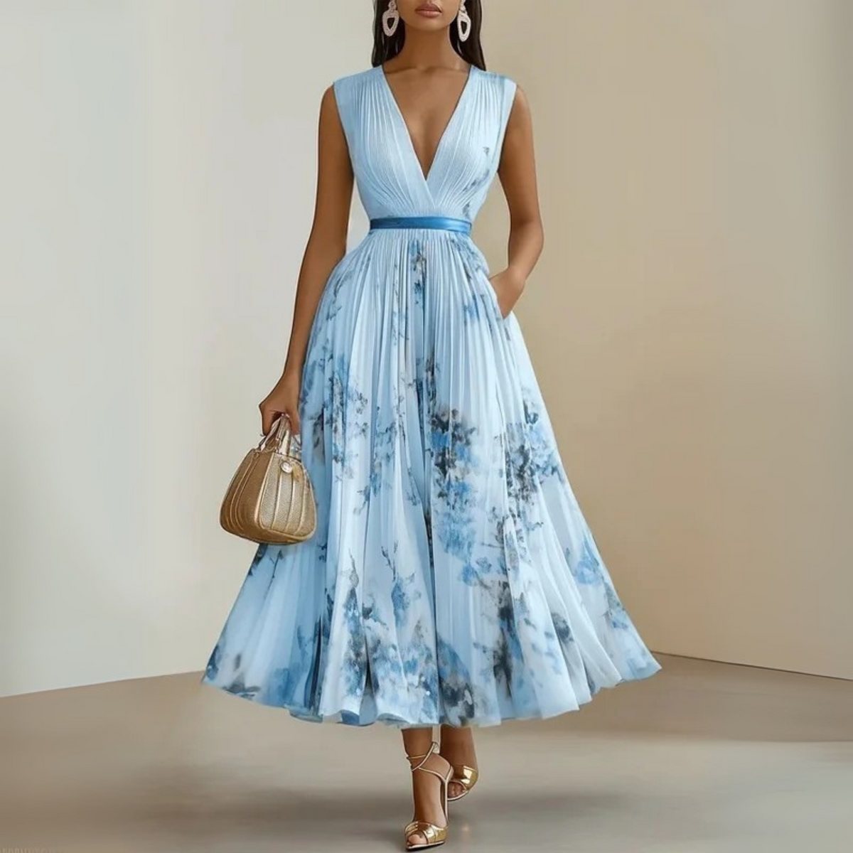 Women's Wedding Guest Floral Maxi Dress – Sleeveless Pleated Flowy Dress
