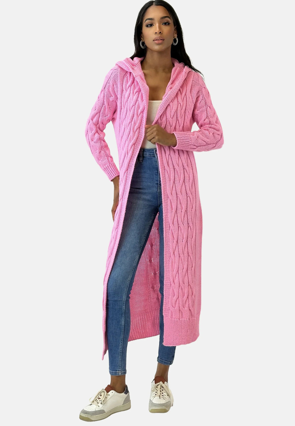 Women's Long Hooded Cardigan – Textured Cold Weather Cardigan