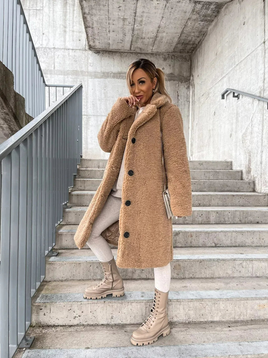 Women's Plush Longline Coat – Soft Textured Button Front Trench Coat