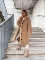 Women's Plush Longline Coat – Soft Textured Button Front Trench Coat