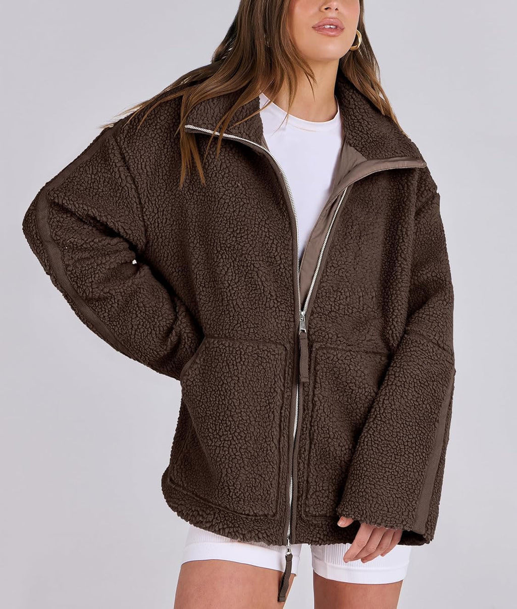 Women's Oversized Fleece Jacket – Zip-Up Long Sleeve Winter Jacket