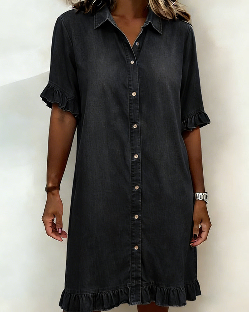 Women's Button Front Shirt Dress – Knee-Length Flounce Sleeve Dress