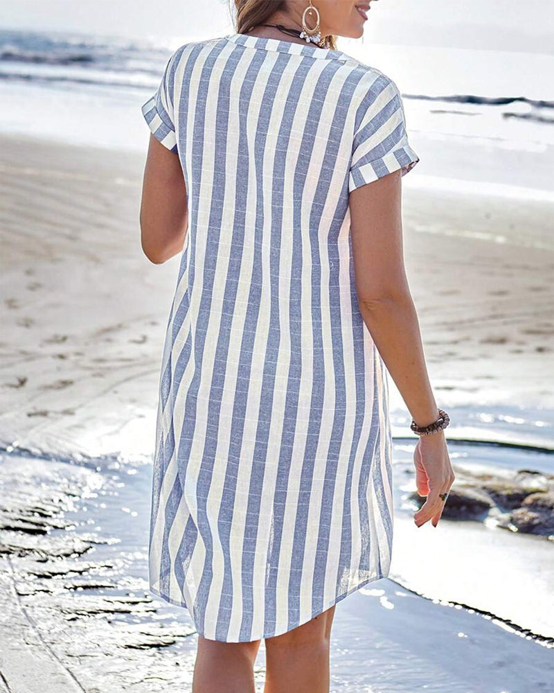 Women's Button-Up Shirt Dress – Striped Midi Dress