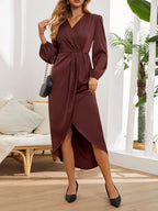 Women's V-Neck A-Line Midi Dress – Balloon Sleeve Cocktail Dress