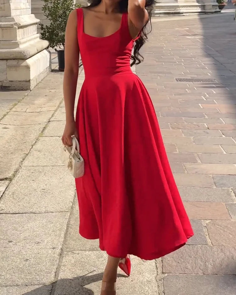 Women's Red Bodycon Midi Dress – Strappy Fitted Cocktail Dress