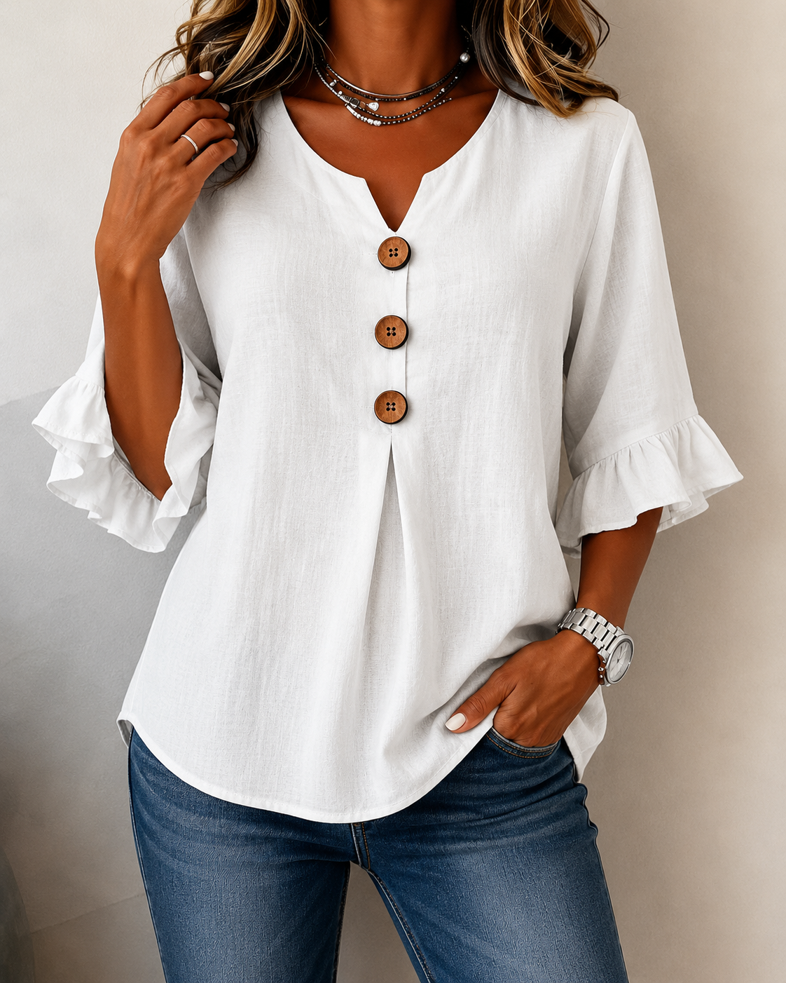 Women's Ruffle Button Blouse – Relaxed Flowy Long Sleeve Blouse