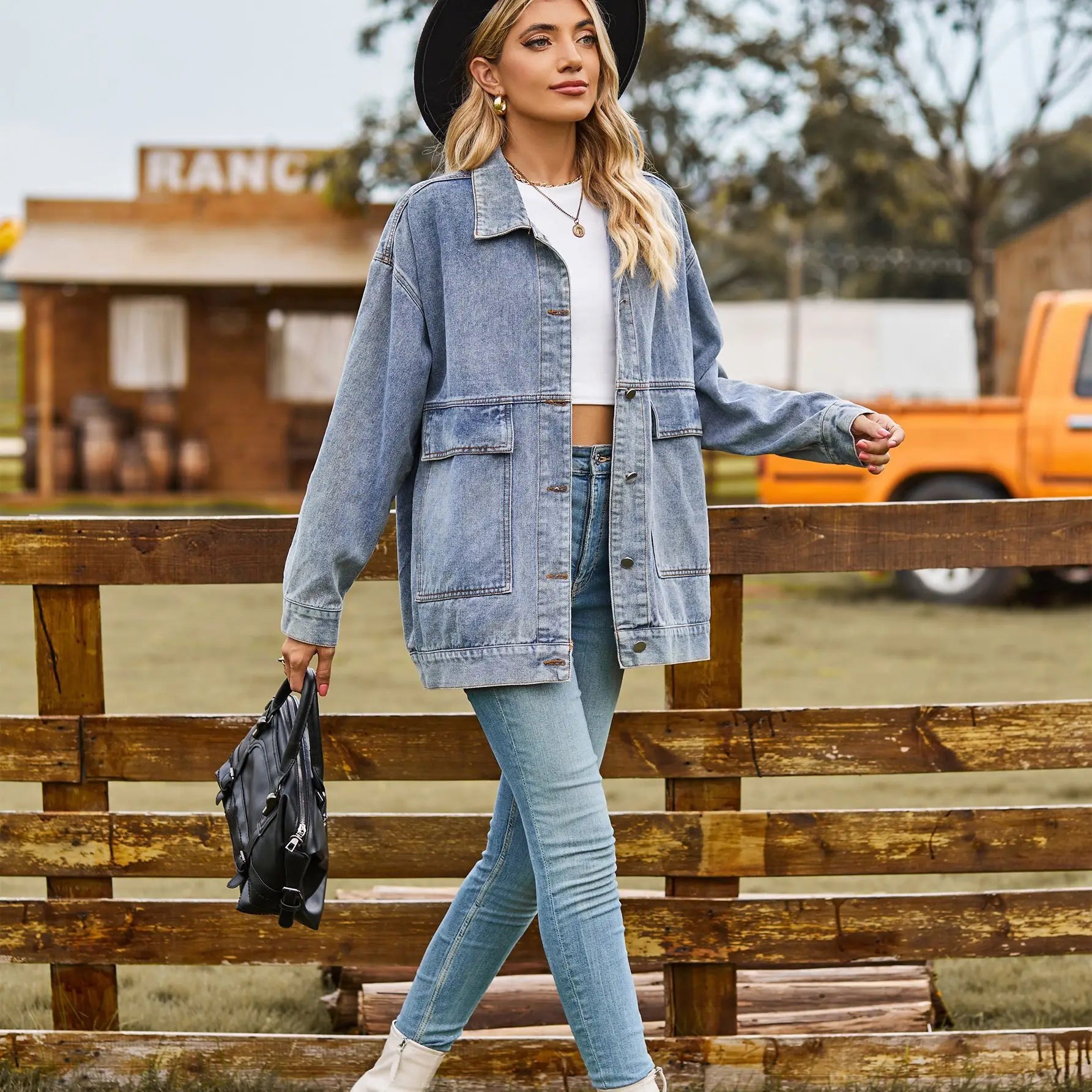 Women's Utility Jean Jacket – Oversized Relaxed Fit Pocket Jacket