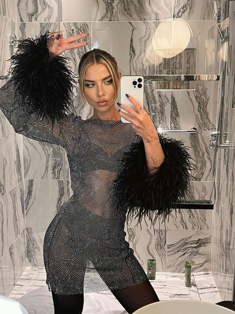 Women's Sheer Feather Party Dress – Feather Trim Statement Mini Dress