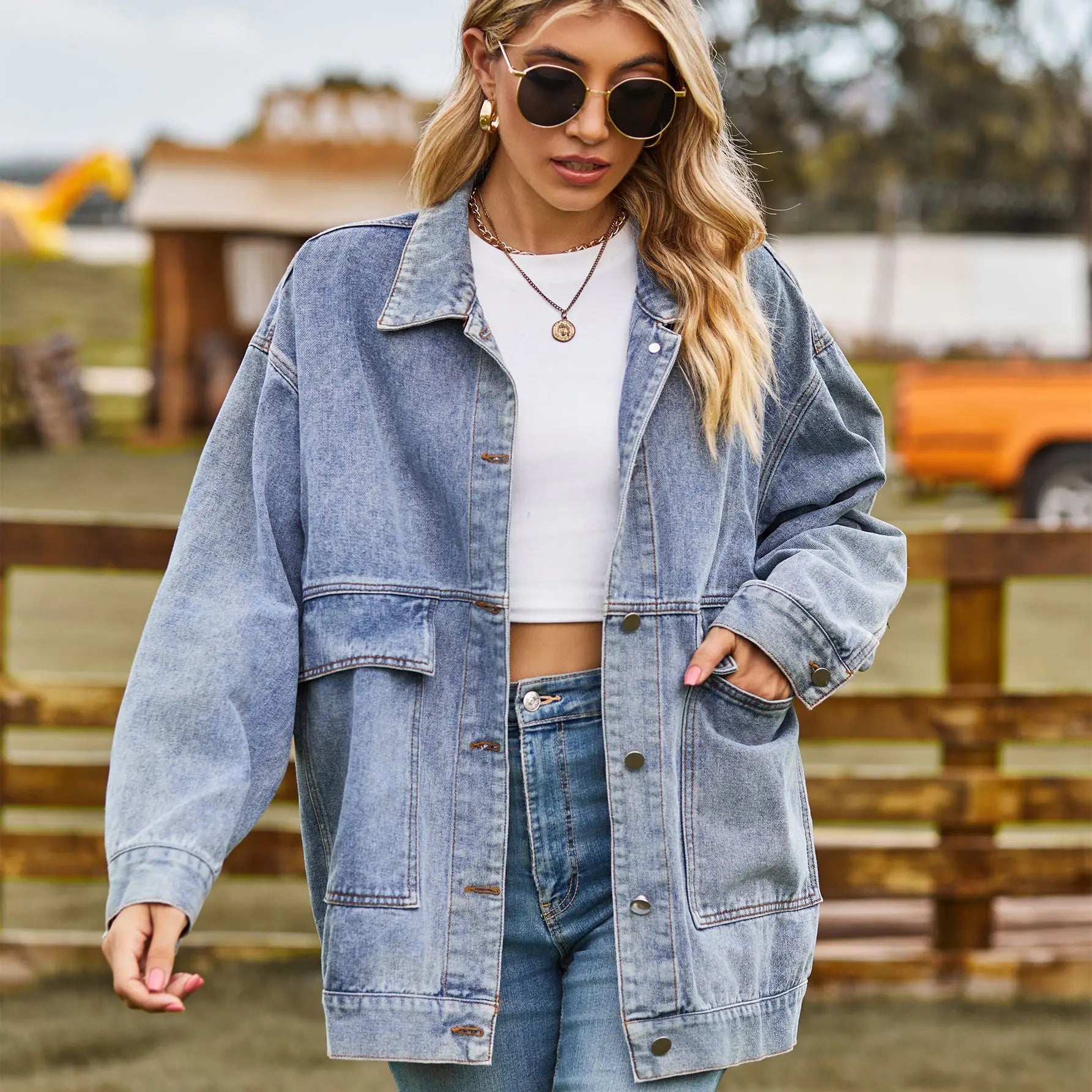 Women's Utility Jean Jacket – Oversized Relaxed Fit Pocket Jacket