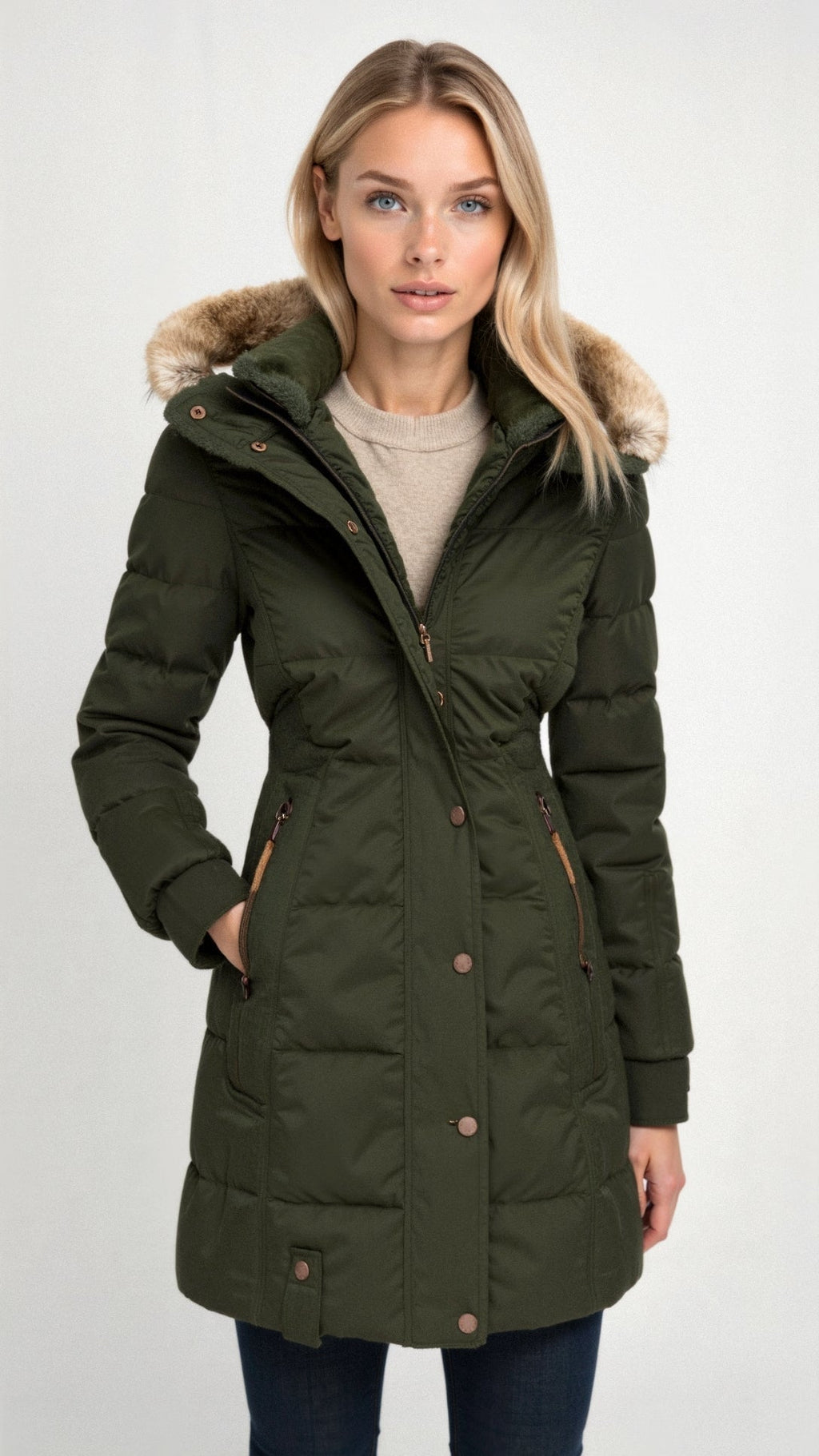 Women's Mid-Length Puffer Jacket – Hooded Quilted Cold Weather Jacket