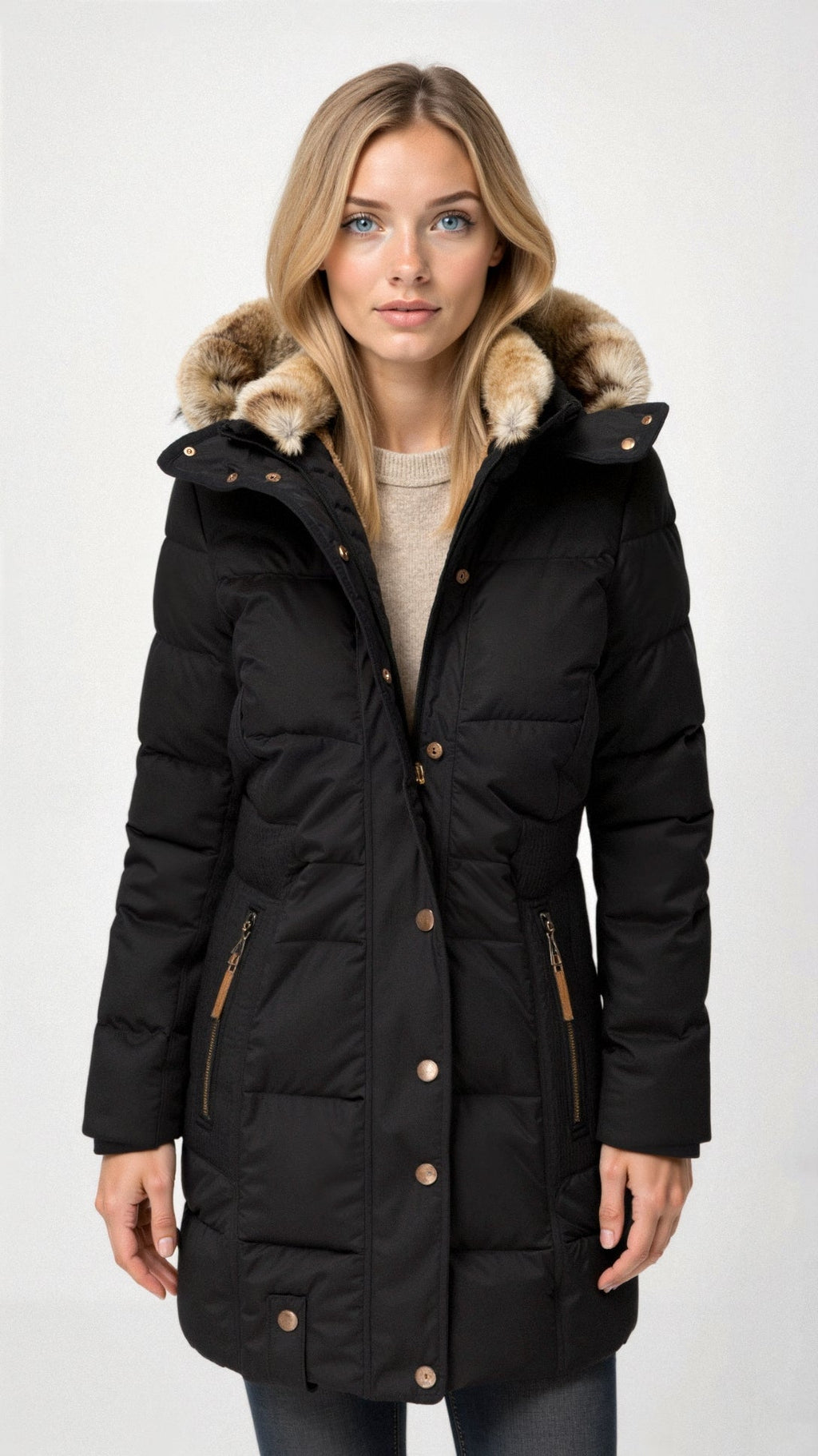 Women's Hooded Puffer Jacket – Mid-Length Quilted Winter Coat