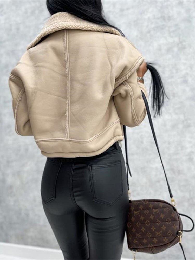 Women's Faux Leather Winter Coat – Zip-Up Pocket Jacket