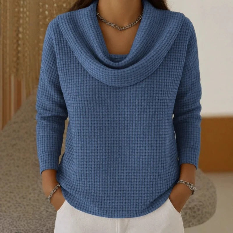 Women's Waffle Knit Sweater – Waterfall Neck Relaxed Pullover