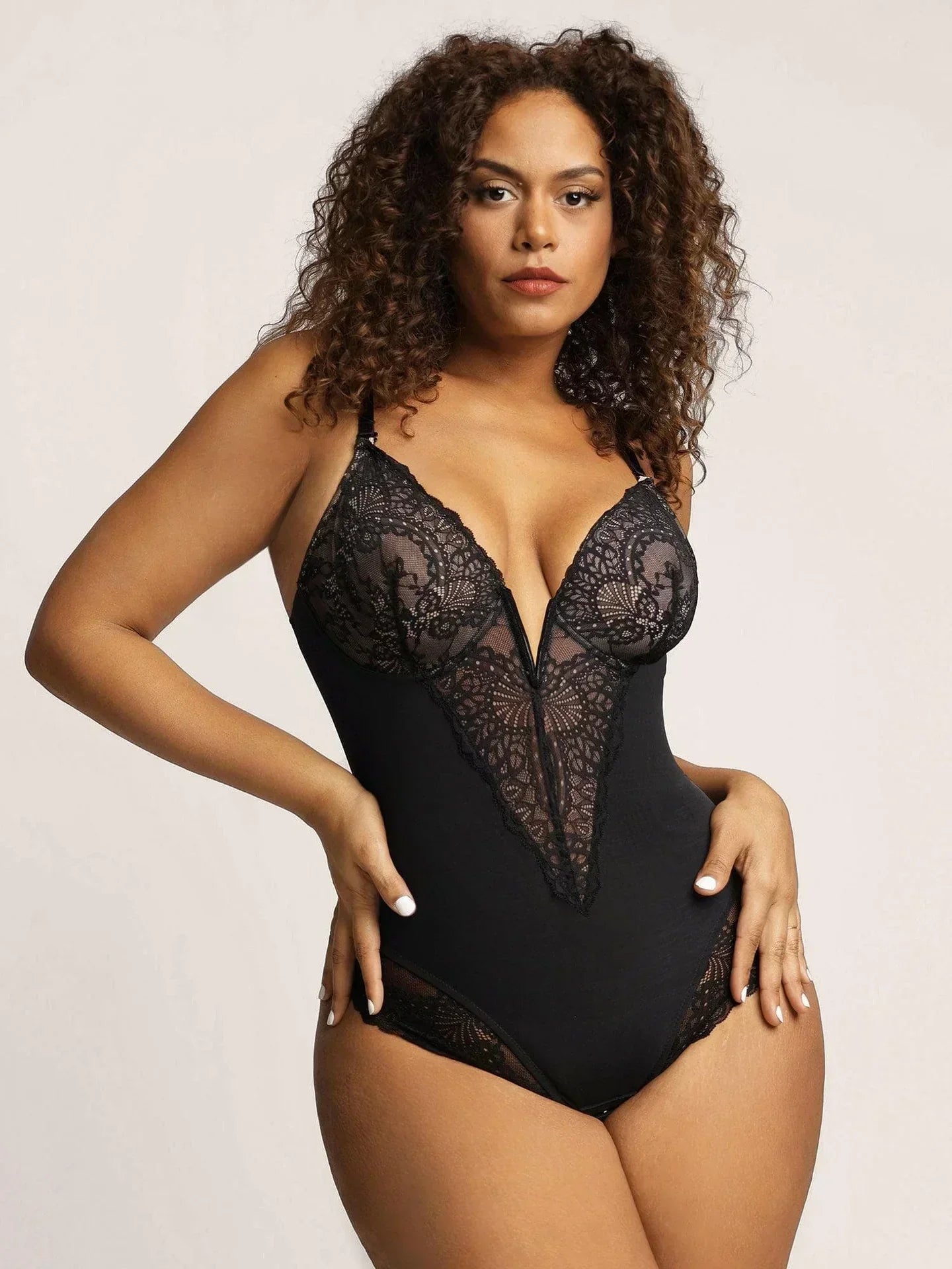 Women's Deep V-Neck Lace Bodysuit – Fitted Sheer Lingerie Bodysuit