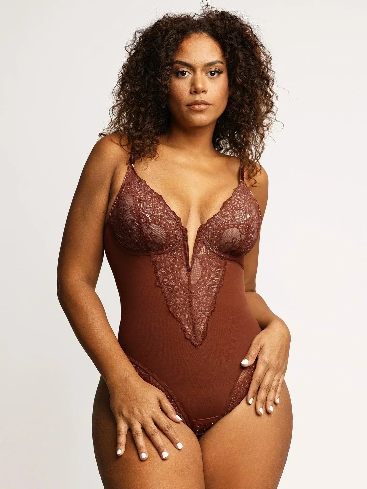 Women's Deep V-Neck Lace Bodysuit – Fitted Sheer Lingerie Bodysuit