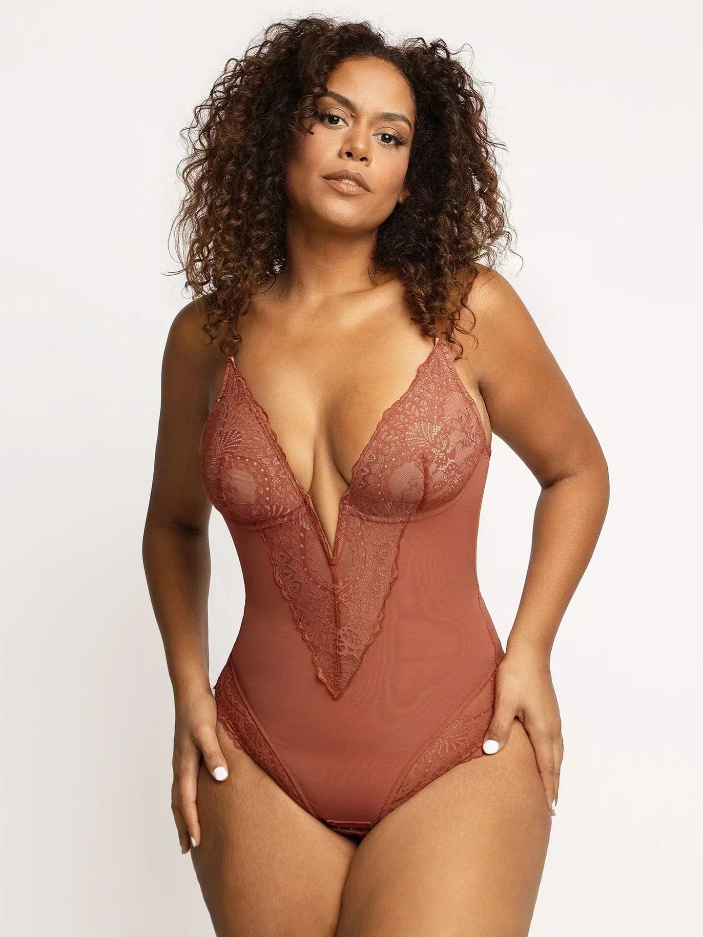 Women's Deep V-Neck Lace Bodysuit – Fitted Sheer Lingerie Bodysuit