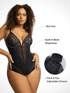 Women's Deep V-Neck Lace Bodysuit – Fitted Sheer Lingerie Bodysuit