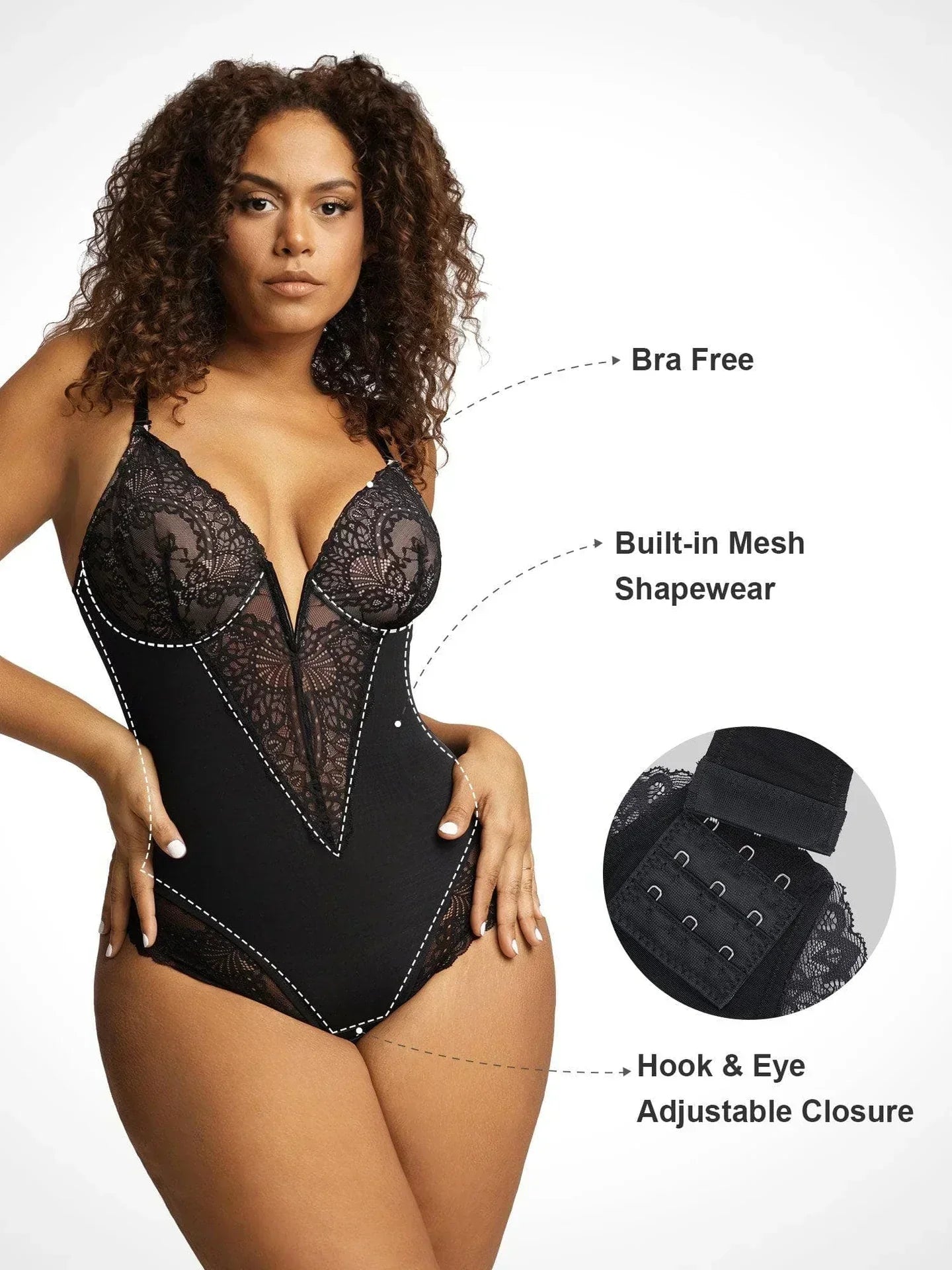 Women's Deep V-Neck Lace Bodysuit – Fitted Sheer Lingerie Bodysuit