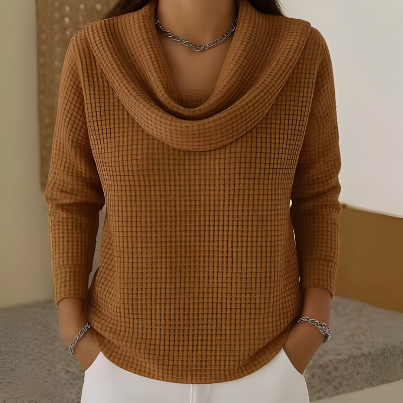 Women's Waffle Knit Sweater – Waterfall Neck Relaxed Pullover