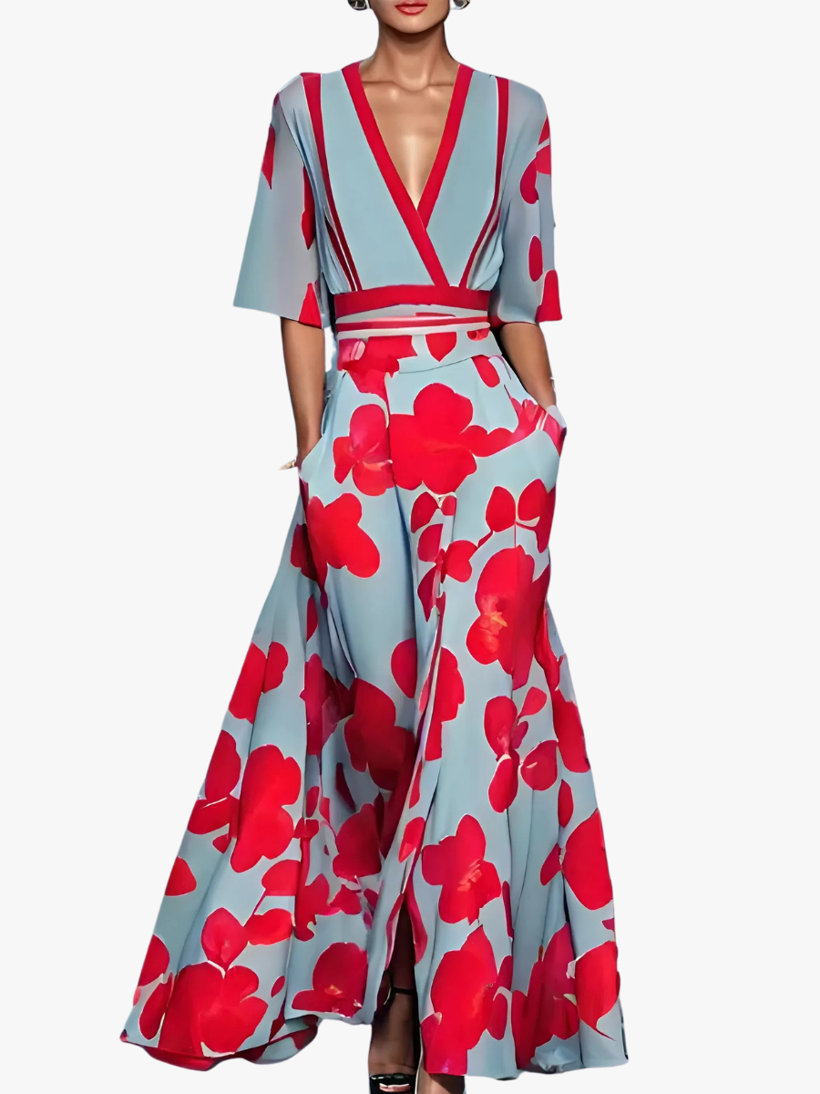 Women's V-Neck Floral Dress – Cinched Waist Flowy Dress