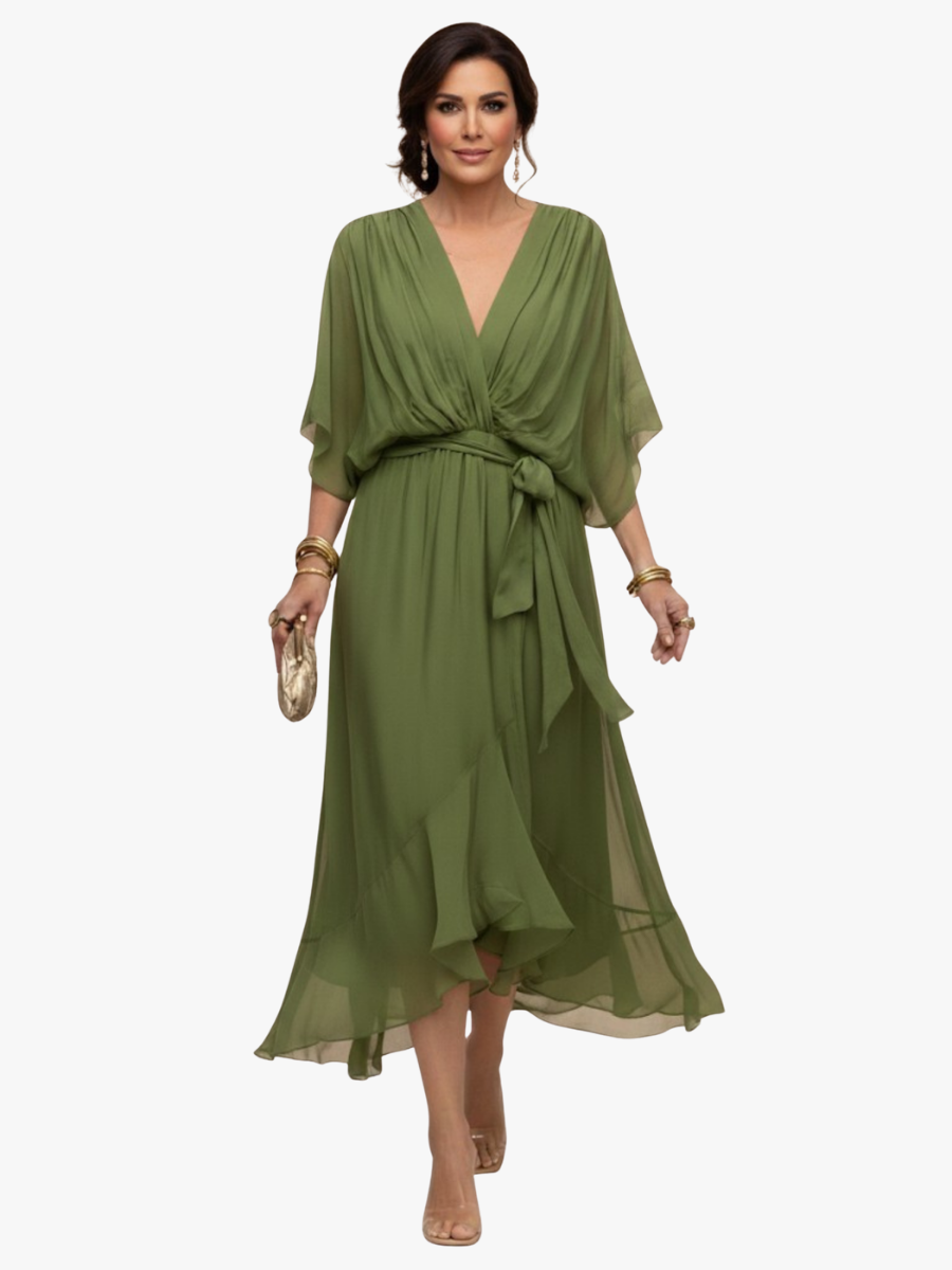 Women's V-Neck Chiffon Dress – Flowy Long Sleeve Occasion Dress