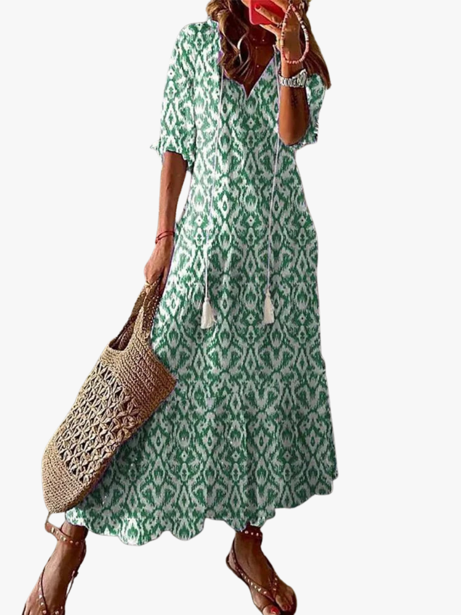 Women's Geometric Boho Dress – V-Neck Lantern Sleeve Dress