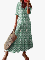 Women's Geometric Boho Dress – V-Neck Lantern Sleeve Dress