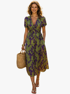 Women's V-Neck Summer Dress – Flowy Short Sleeve Ruffle Dress
