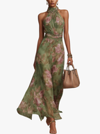 Women's Floral Halter Dress – Pleated Cinched Waist Flowy Dress