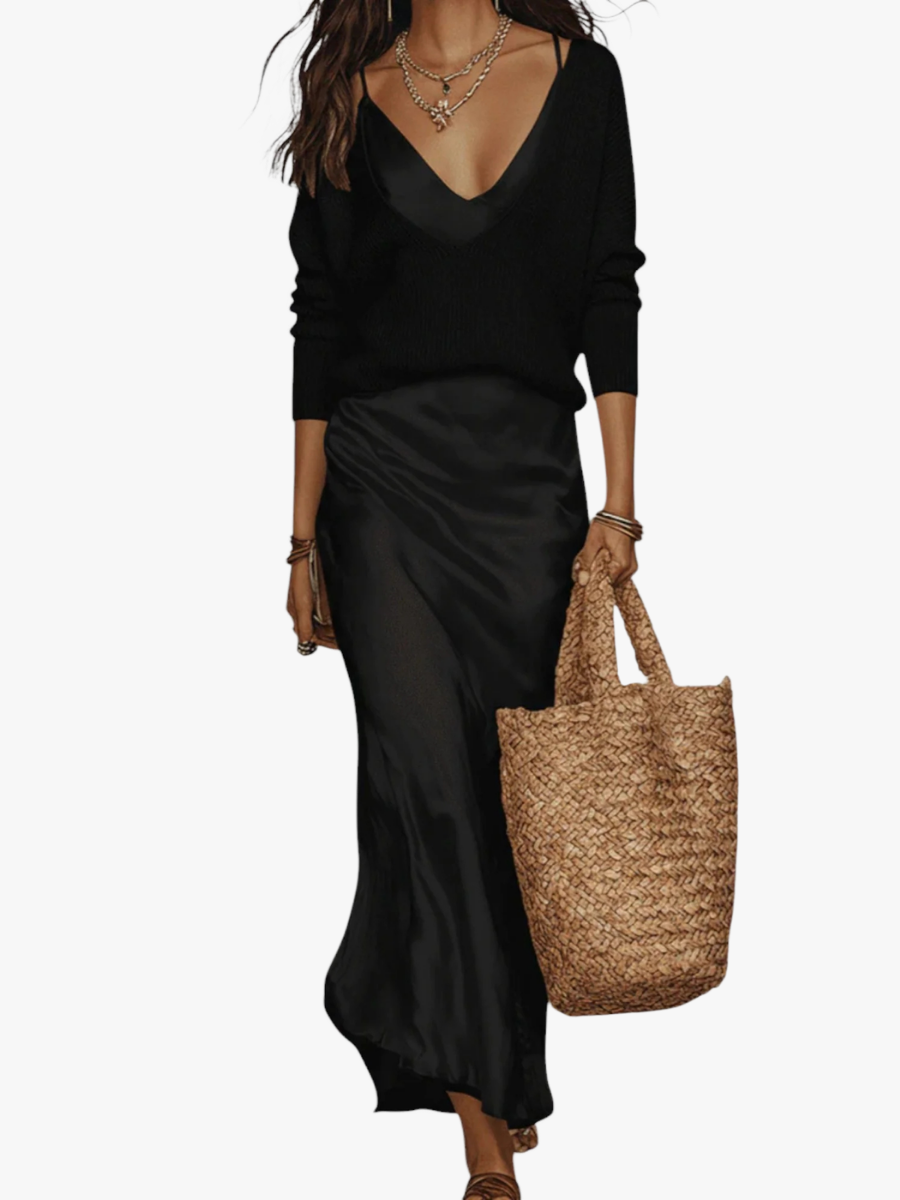 Women's Two-Piece Dress Set – Long Sleeve Blouse & Midi Skirt Set