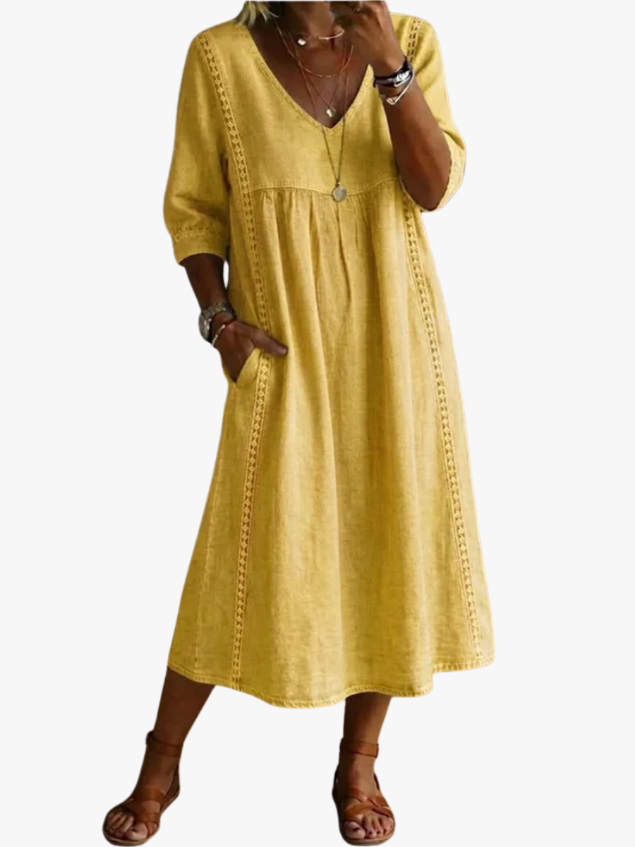 Women's V-Neck Midi Dress – Three-Quarter Sleeve Pocket Dress