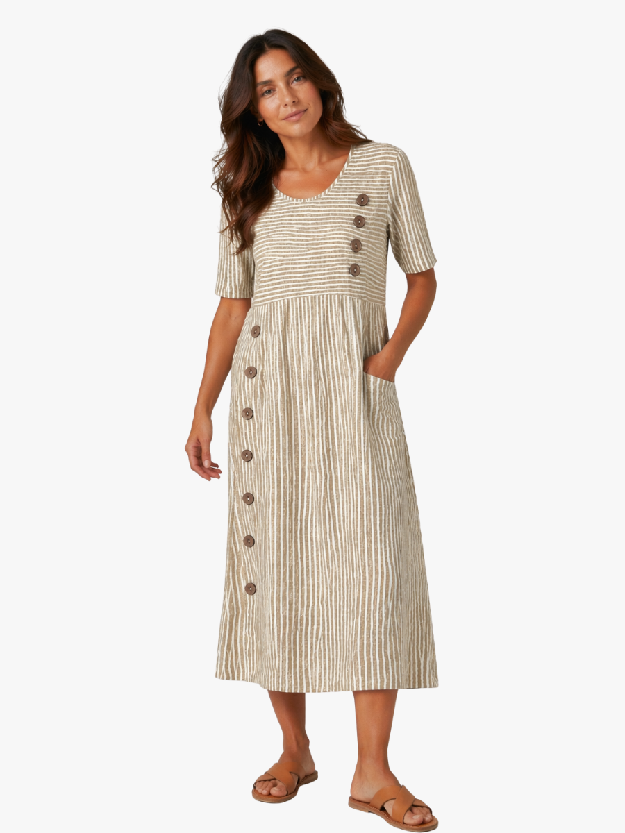 Women's Striped Midi Dress – Three-Quarter Sleeve Flowy Dress