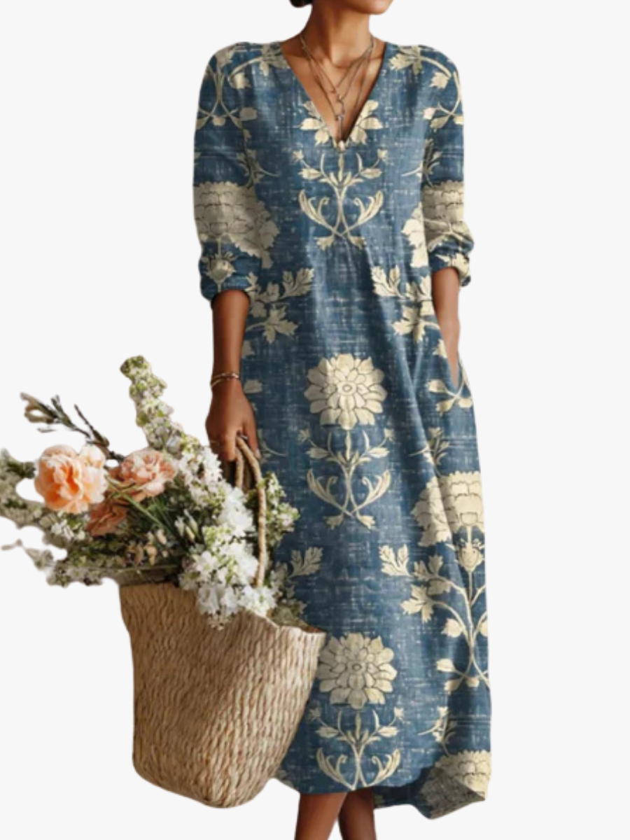 Women's Vintage Floral Midi Dress – Relaxed A-Line Summer Dress