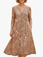 Women's Printed Midi Dress – Flowy V-Neck Summer Dress
