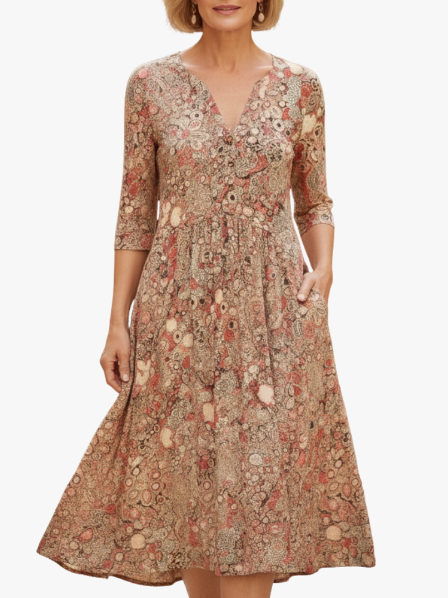 Women's Printed Midi Dress – Flowy V-Neck Summer Dress
