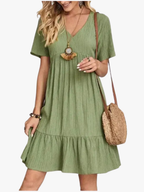 Women's V-Neck Summer Dress – Short Sleeve Ruffle Flowy Dress