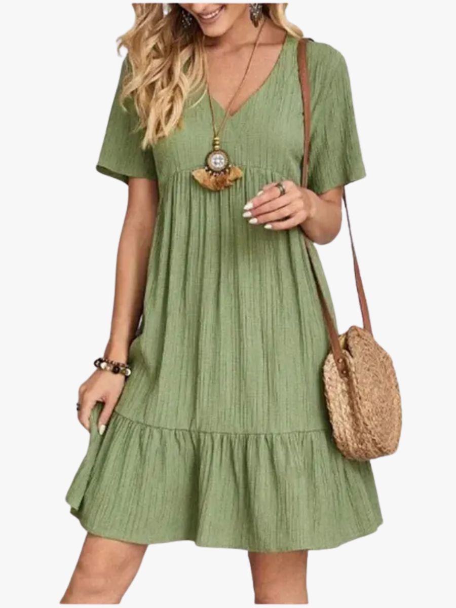 Women's V-Neck Summer Dress – Short Sleeve Ruffle Flowy Dress